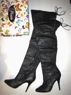 Black Leather Thigh Boots Overknees Size 10M Legend 8899 5" Heel